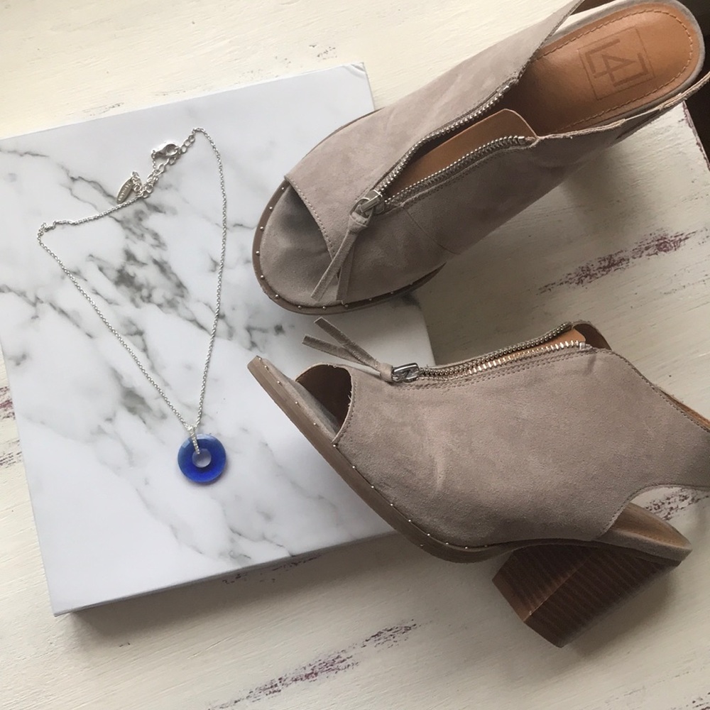 Peep toe grey suede heels